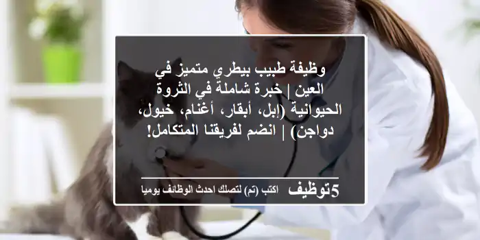 وظيفة طبيب بيطري متميز في العين | خبرة شاملة في الثروة الحيوانية (إبل، أبقار، أغنام، خيول، دواجن) | انضم لفريقنا المتكامل!